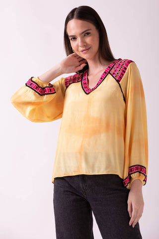 ROSHANA - V NECK TIE DYE TOP WITH SMOCKED SHOULDER PANEL