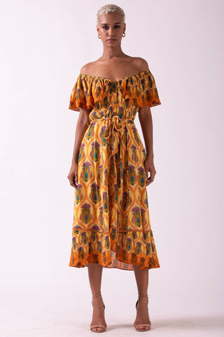 MARA - OFF SHOULDER RUFFLE MIDI DRESS