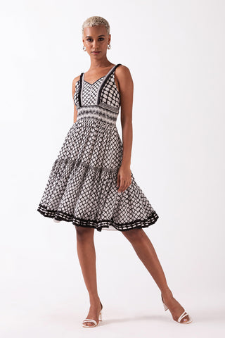 SOLSTICE - V NECK MINI DRESS WITH FRINGED LACE DETAILINGS