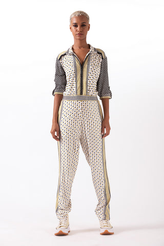LIORA - FRONT ZIP COLLAR JUMPSUIT WITH FRINGED YOKE DETAILINGS