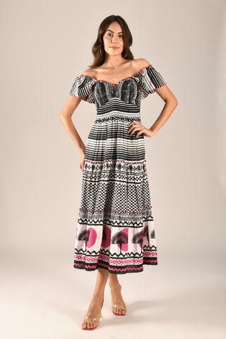 AVA - Tiered midi dress with smocking on bodice & flutter sleeves