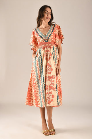 RHEA - V neck midi dress with smocked waist