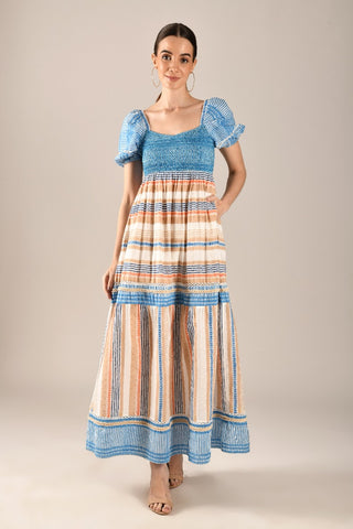 ALARA - Sweetheart neck tiered midi dress with lace inserts