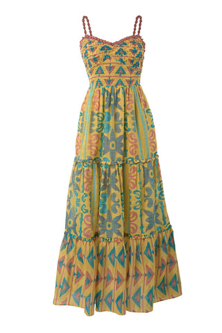 SAVARI - BEADED STRAP SMOCKED TIERED MIDI DRESS