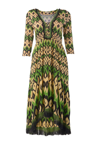 KIARA - V NECK TIERED MIDI DRESS WITH FRINGE LACE
