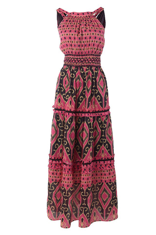 LARYSA SMOCKED MAXI DRESS - HALTER NECK TIER RUFFLED MAXI DRESS WITH SMOCKED WAIST