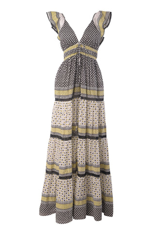 YULIA MAXI DRESS - TIERED MAXI DRESS WITH FLUTTER SLEEVES AND PLUNGING V-NECKLINE