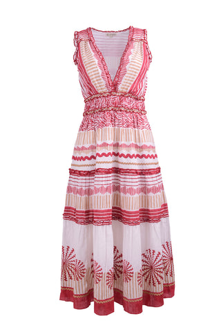HOMA - Tiered v neck midi dress with frill detailing and elasticated waist