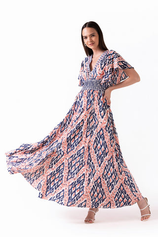 AVATARA - V NECK MAXI DRESS WITH SMOCKED WAIST AND FRONT SLIT