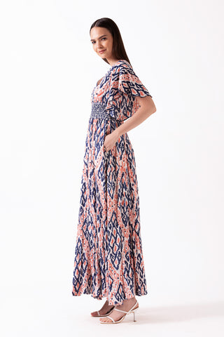 AVATARA - V NECK MAXI DRESS WITH SMOCKED WAIST AND FRONT SLIT