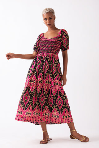 MERRIS - TIERED MIDI DRESS WITH SMOCKED BODICE