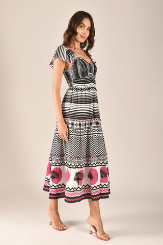 AVA - Tiered midi dress with smocking on bodice & flutter sleeves