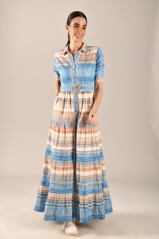 FAVIA - Tiered maxi dress with collar and tie up belt