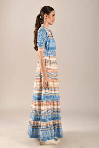 FAVIA - Tiered maxi dress with collar and tie up belt