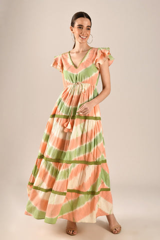 LORENA - Tiered maxi dress with fringe inserts and flutter sleeves
