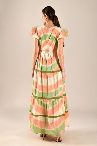 LORENA - Tiered maxi dress with fringe inserts and flutter sleeves